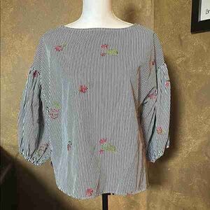Striped Boatneck Blouse with Pink Floral Embroidery - Black & White